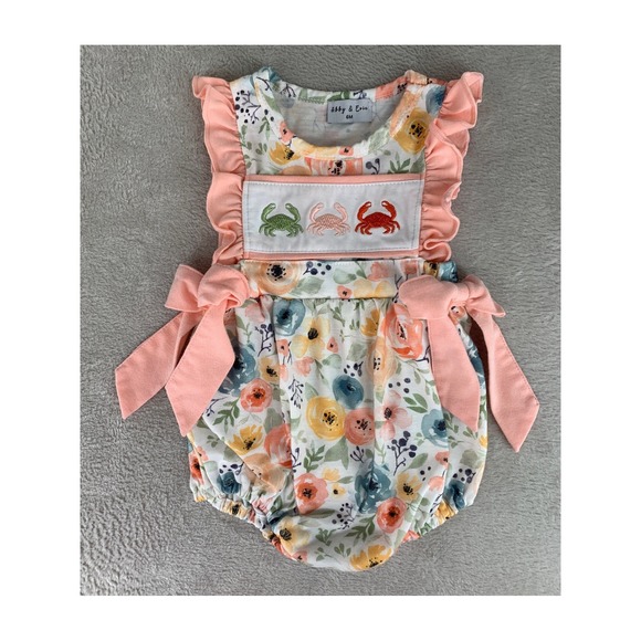 Abby & Erie Bubble Romper Girls 6M Floral Crab Smocked Ruffle Beach Summer - Picture 1 of 7